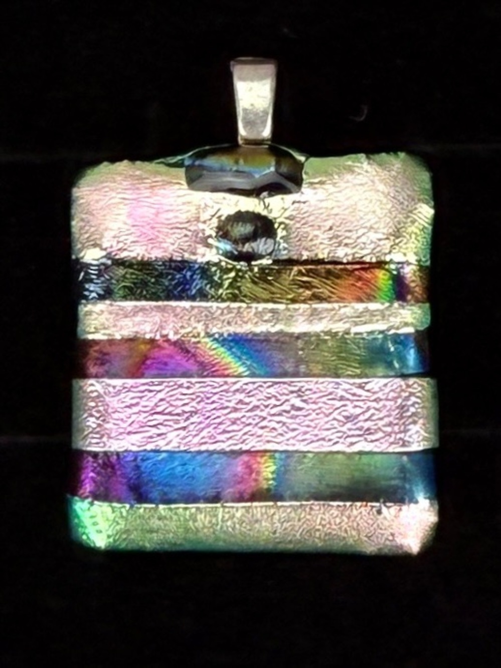 Vintage black multi colored reflective glass pendant + free 16” cord necklace